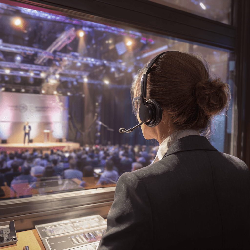Intérprete profissional realizando tradução simultânea em cabine durante conferência internacional, garantindo comunicação clara para todos os participantes.